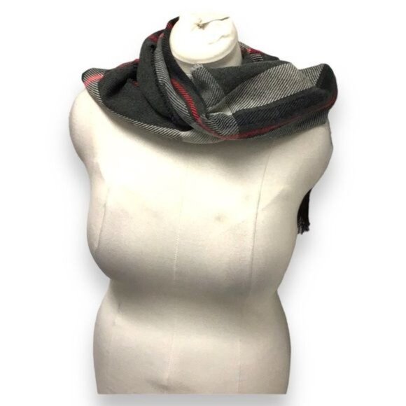 Goodfellow & Co. Mens Raw Edge Plaid Scarf with Fringe, Gray, OSFA - Picture 2 of 6